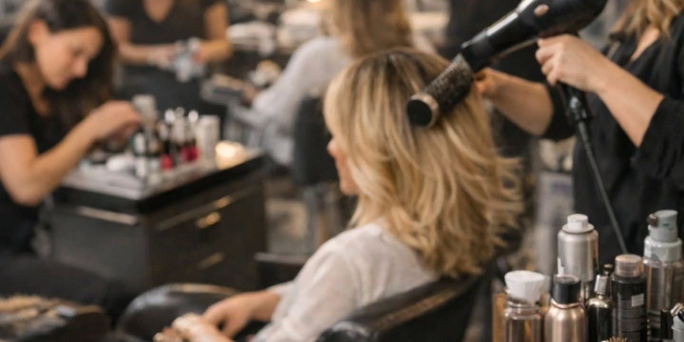 O banco de cabelo do salão Omux em movimento, com a equipe atendendo e produtos na bancada